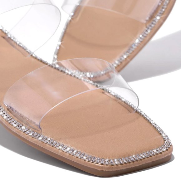NEW Clear Sparkly Rhinestone Embellished Double Straps Slip On Slides Sandals - Picture 5 of 15